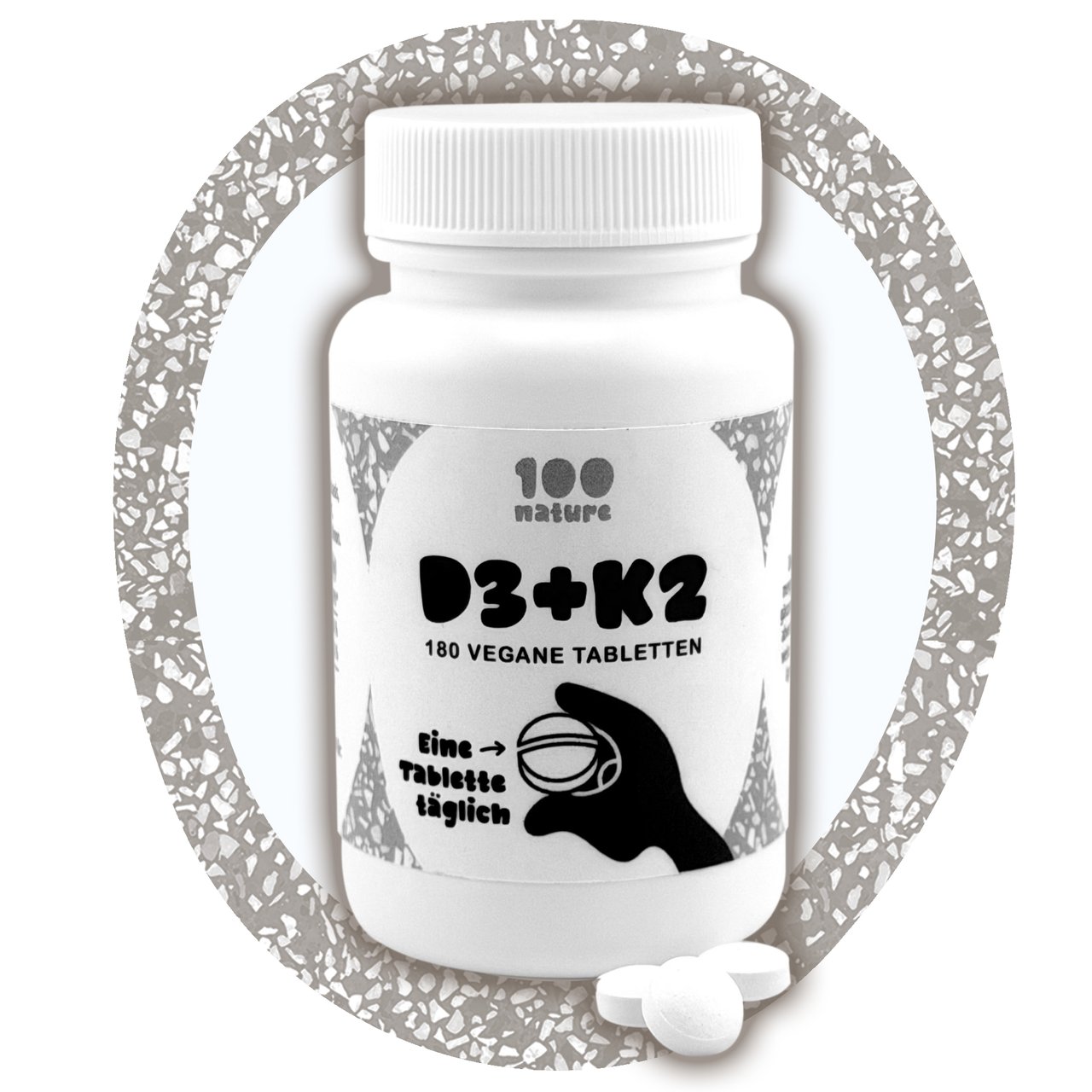 100nature D3+K2 Dose in Mickly-Frog-Zero-Frame auf Stein-Grau-Terrazzo
